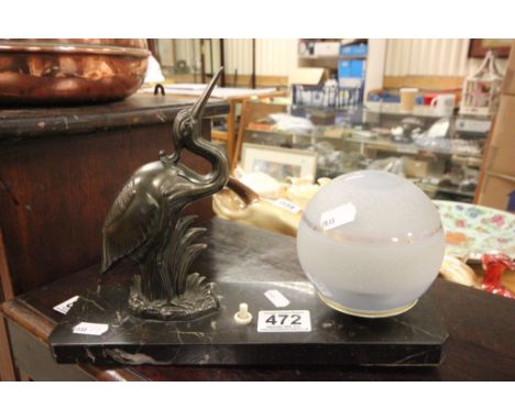 Art Deco Lamp with Stylised Spelter Heron on a Marble Base