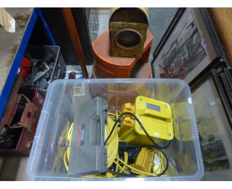 Two vintage road workers lamps a 240 to 110 transformer a lighter etc. and a quantity of tools
