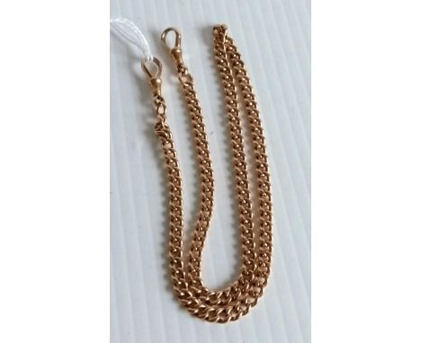A 9ct yellow gold Albert chain with clips on each end, maker's mark rubbed, 43cm, 22.70g