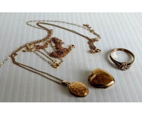 Two vintage 9ct yellow gold lockets, one with chain and a 9ct yellow gold diamond ring in a cage basket setting, size M, 5.86