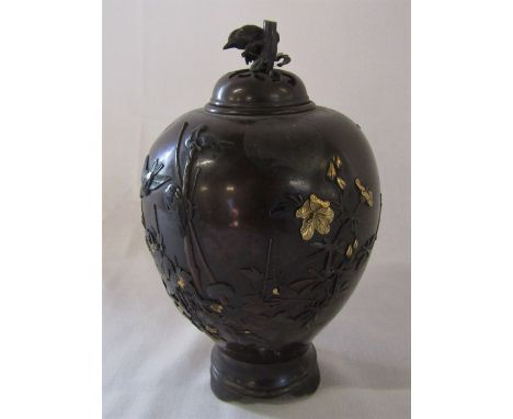Japanese bronze incense burner Meiji period with gilt decoration and bird finial H 18 cm
