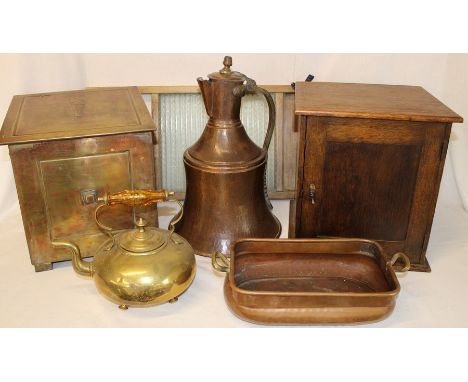 Art Deco coal box, small oak medicine cabinet, washboard, brass kettle, copper planter &amp; large hammered jug