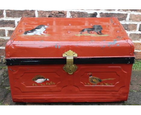 Tin trunk with hand-painted dog and pheasant decoration