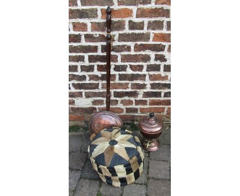 Pouffe, copper samovar and warming pan
