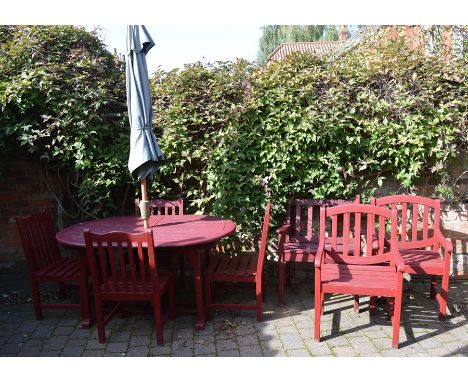 Cannock Gates hardwood stained patio table, 4 chairs, 3 bench chairs &amp; an umbrella