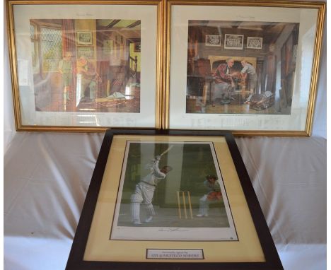 Pair of A L Grace limited edition prints signed by Len Hutton 'Vision Of A Hat-trick' &amp; 'A Century For England' &amp; a l
