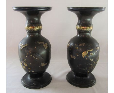 Pair of Meiji restoration period bronze Japanese vases with gilt decoration H 28.5 cm