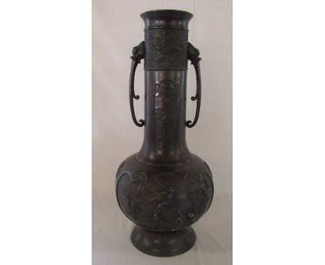 Large Japanese Meiji period bronze twin handled vase decorated with birds and flowers H 59 cm