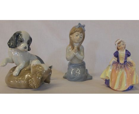 2 Nao figurines - girl praying and 2 dogs &amp; Royal Doulton Dinky Do HN1678