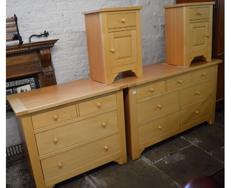 Light wood bedroom suite comprising 2 chest of drawers &amp; a pair of bedside cabinets. Largest L 134cm D 49cm H 81cm&nbsp;