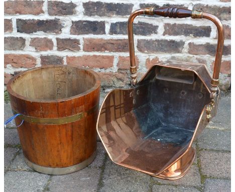 Victorian brass &amp; copper coal scuttle and a wooden barrel planter