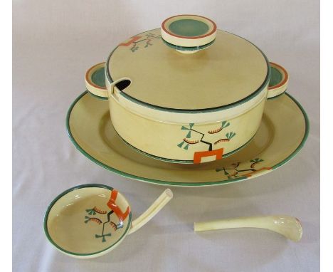 Clarice Cliff Bizarre Ravel pattern large lidded tureen, ladle and meat plate (ladle af) - meat plate L 37 cm, tureen L 23 cm