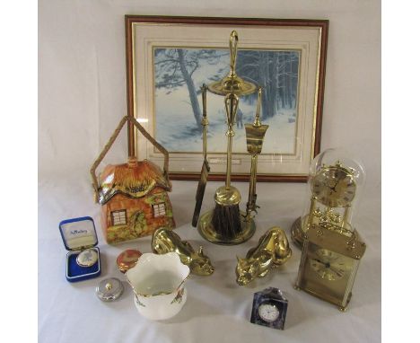 Cottage ware biscuit barrel, brassware, print by Joseph Farquharson, Royal Albert old country roses planter, carriage clock a