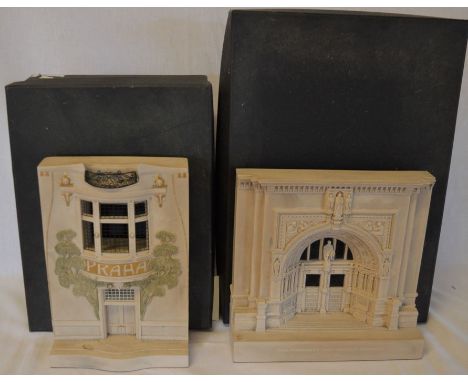 Timothy Richards architectural models of The Victoria &amp; Albert Museum and the Hotel Central Prague (Ht 22cm) with boxes