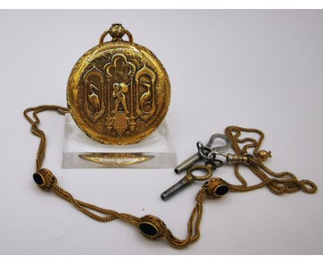 GOLDENE SAVONETTE AN UHRENKETTE MIT ORIENTALISCHEM DEKOR / SPRUNGDECKELTASCHENUHR, 19. Jh., Schweiz, Gehäuse und Kette aus "1