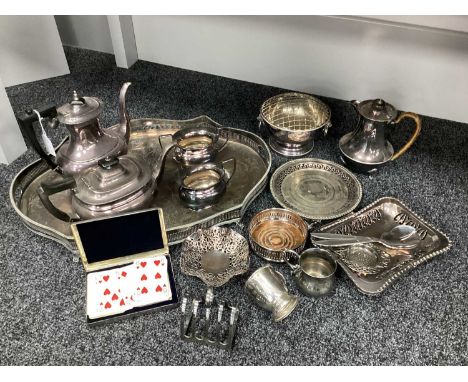 Assorted Plated Ware, including four piece tea set, oval gallery style tray, posy bowl, toast rack, mugs, playing cards in pl