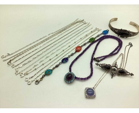 An Assortment of "925" and Other Jewellery, to include hallmarked silver stone set cuff bangle, fancy link bracelets, stone s
