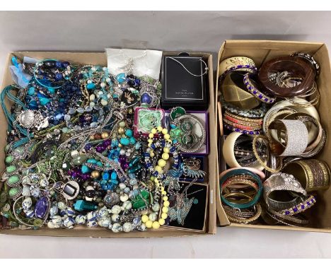 An Assortment of Modern Costume Jewellery, in hues of blue, turquoise and yellow, to include cuff bangle, beaded necklaces, s