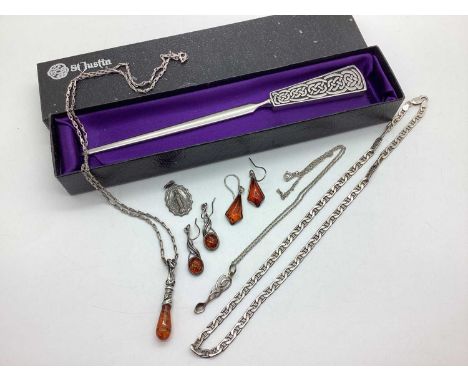 An Assortment of "925" and Other Jewellery, to include amber coloured pendant suspended on a fancy link chain, amber coloured