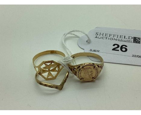 A 9ct Gold Coin Style Ring, together with a 9ct gold wishbone style ring and a Maltese Cross ring stamped "750". (3)