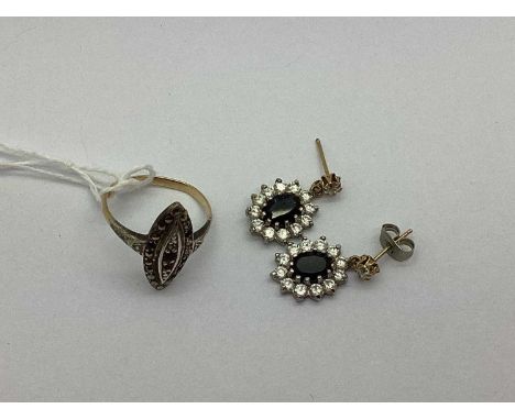 A Pair of Stone Set Drop Earrings, of cluster design, stem stamped "9ct"; A Marcasite Set Dress Ring, (damages). (2)