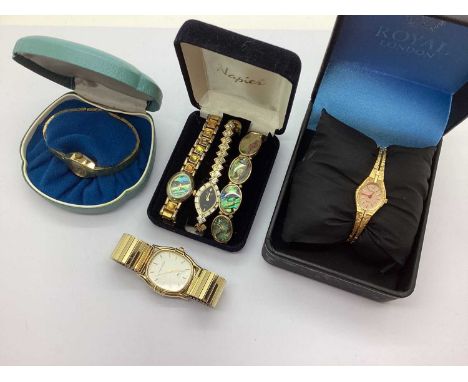 A Small Collection of Gilt Coloured Ladies Wristwatches, to include Accurist quartz, Rotary 17 jewels Incabloc, diamanté set 
