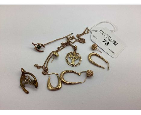 A 9ct Gold Celtic Cross Pendant, on a 9ct gold chain (knotted) (3.8grams); creole and other earrings, 'Luck' wishbone brooch,