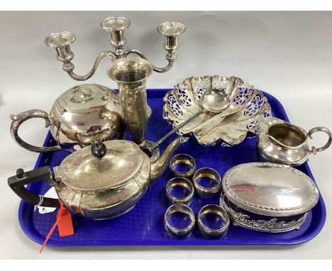 A Hallmarked Silver Bachelor's Tea Pot, HSLd, Sheffield 1919 (310grams); a hallmarked silver vase, plated oval trinket box, p