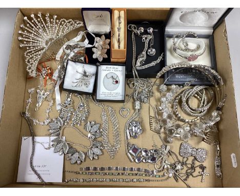 An Assortment of Diamanté Jewellery, to include imitation pearl bead set clip on earrings, Equalibrium hinged bangle, hoop ea