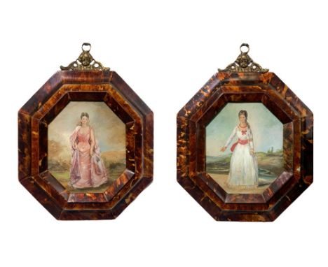 Pair of small paintings depicting female characters, in octagonal frames in turtle. 20th century, first 20th century. H cm 25