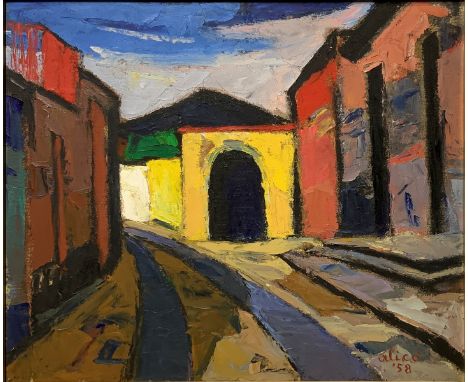 Alicò Giovanni (Catania 1906-1971) Oil painting on table depicting country road with houses. (Aci Sant'Antonio) and Etna in p