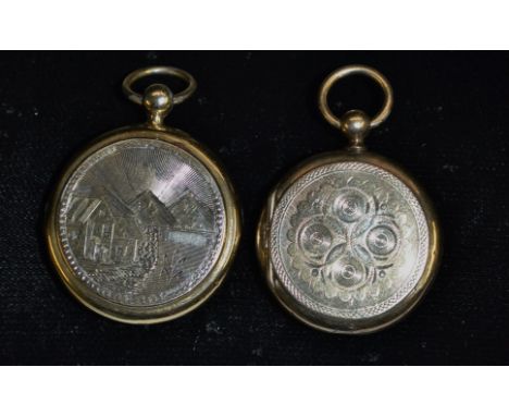 A continental 9ct gold back and front circular locket/pill box, engine turned hinged cover, engraved mountainous vista, verso