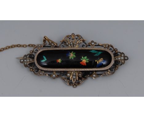 A late 19th century Limoge enamel butterfly brooch, rounded rectangular black enamelled panel decorated with an alighting but