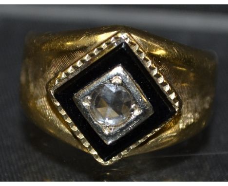 A rose cut diamond & enamel signet ring, central round rose cut diamond, white metal mounted within a black enamel square pla