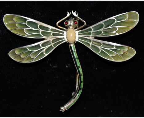 Meyle & Mayer - an Art Nouveau opal and enamel silver dragonfly brooch, opal inset body, approx 0.46ct, green and yellow enam