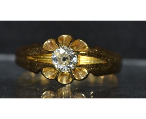 A diamond solitaire ring, round brilliant cut diamond, approx 0.45ct, eight claw floral surround, unmarked yellow gold shank,