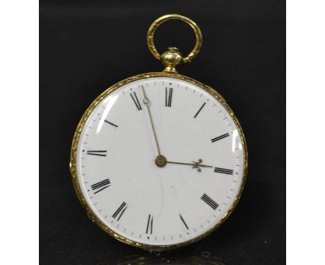 A 19th century French open face pocket watch, white enamel dial, Roman numerals, minute track,  high carat yellow gold engrav