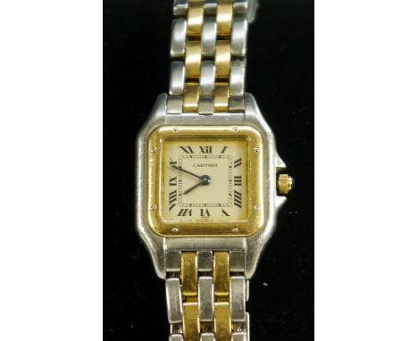 Cartier - a ladys bi-metal Panthere bracelet wrist watch, square cream dial, Roman numerals, inner minute track, bi-metal cas