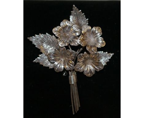 A Charles Horner silver floral bouquet brooch, four central flowers within leaf surround, Chester 1944, 80 x 64mm, 19.3g, box