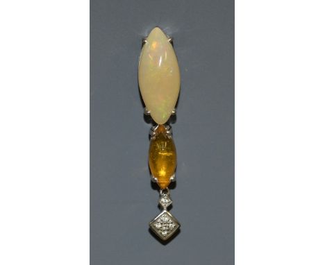 An amber and opal two stone pendant, large oval opal cabochon beneath a smaller conforming amber cabochon, 18ct white gold mo