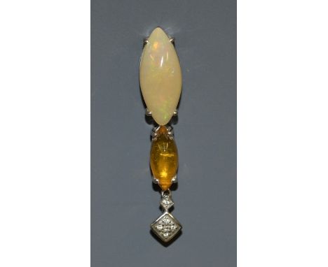 An amber and opal two stone pendant, large oval opal cabochon beneath a smaller conforming amber cabochon, 18ct white gold mo