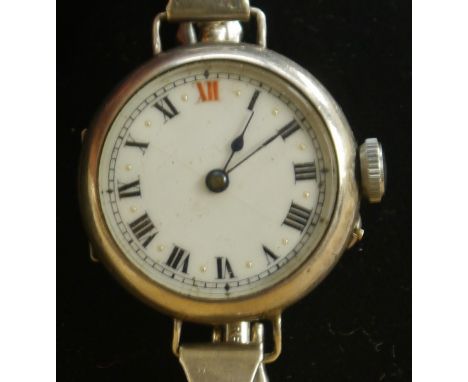 A continental silver trench wristlet watch, white dial. Roman numerals, minute track, manual wind movement, 925 silver case, 