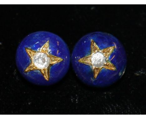 A pair of old cut diamond and blue enamelled domed ear studs, central old cut diamond, star cut surround, blue enamelled dome