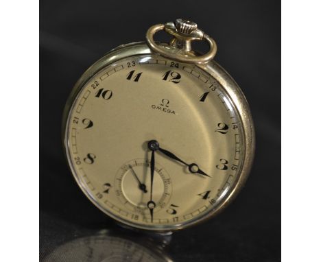 Omega - a 14ct gold open face pocket watch, silver textured dial, tinted glass, Arabic numerals, minute track, subsidiary sec