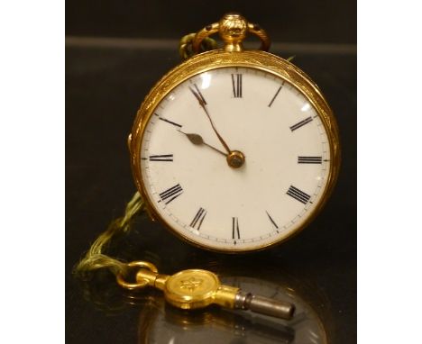 A late Victorian lady's 18ct gold open face fob watch, white enamel dial, bold Roman numerals, minute track, key wind movemen
