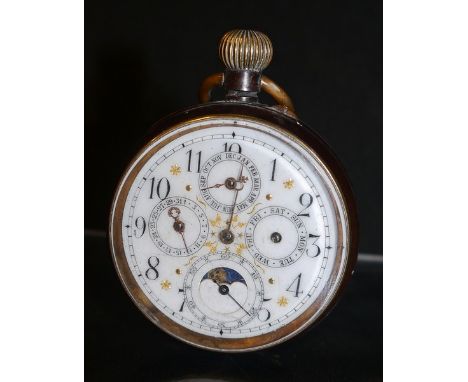 A bi-metal quartetto dial calendar moon phase pocket watch, white enamel dial, Arabic numerals, minute track, centre second, 