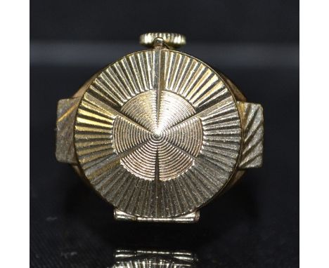 A rotary lady's watch ring, six section sunburst cast cover, silvered dial, baton markers, 17 jewel manual movement, 9ct gold