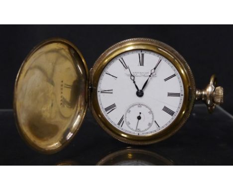 A Waltham Watch Co, American hunter cased pocket watch, white dial, Roman numerals, minute track, subsidiary seconds, button 