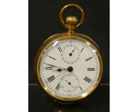 A gold filled cased open face triple dial pocket watch, white enamel principle dial, Roman numerals, outer track, No 25-300, 