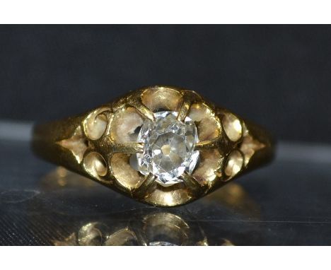 A diamond solitaire ring, oval old brilliant cut diamond, approx 0.50ct, six claw floral surround, 18ct gold shank, size N, 3